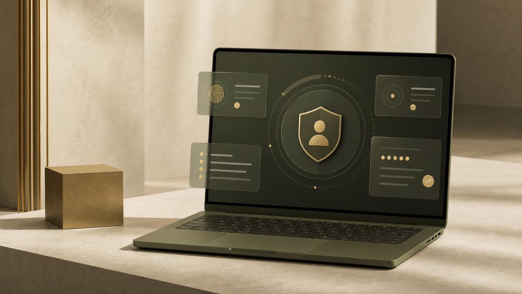 Secure digital identity represented with an olive-coloured shield